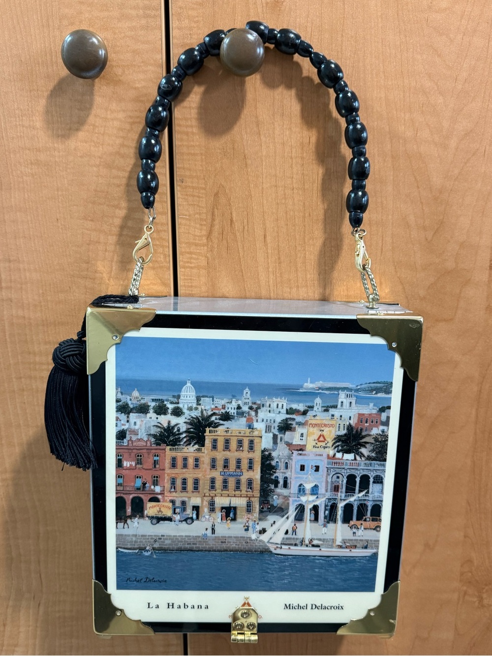 La Habana Scenic Box Handbag in Black with Gold Accents